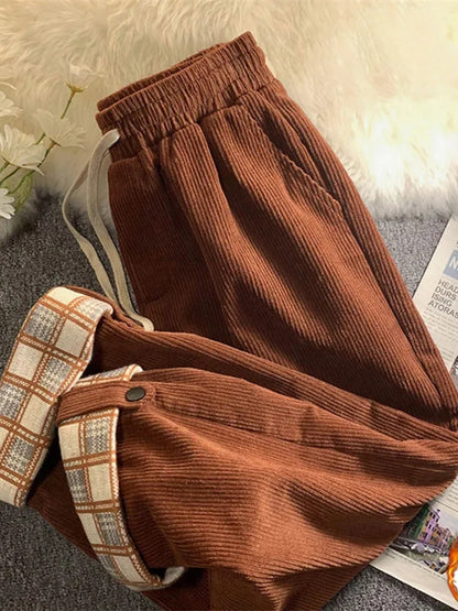 Plaid Hemming Women Corduroy Pants