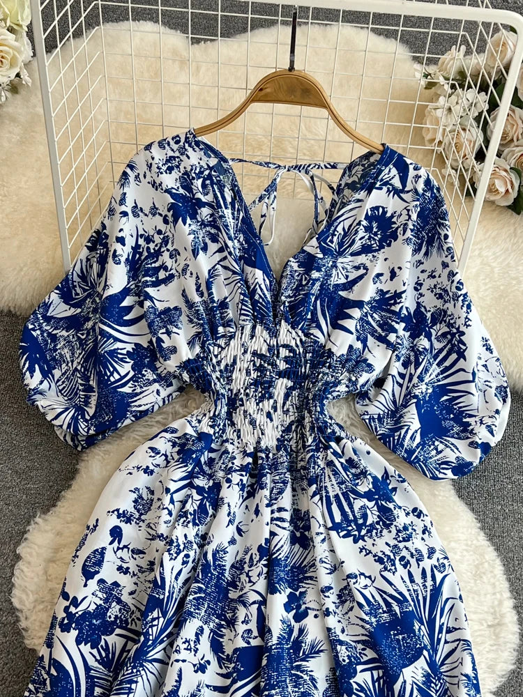 V-Neck Puff Sleeve Printed Romper