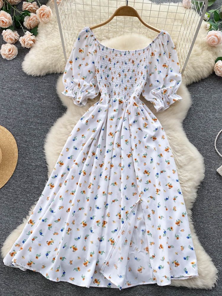 Romantic Floral Print Slit Summer Dress Puff Sleeve