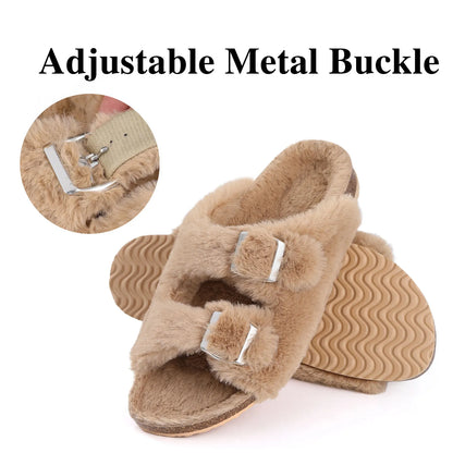 Cork Footbed Plush Slippers For Women