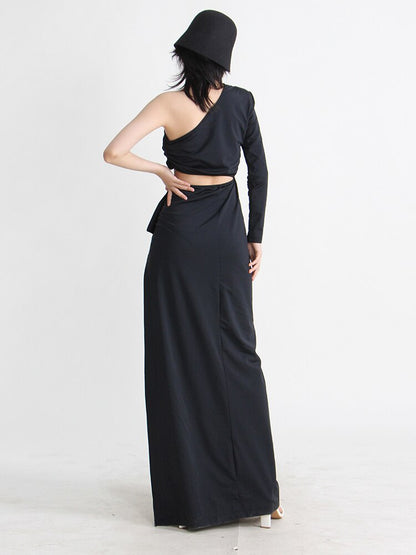 Diagonal Collar One Shoulder High Waist Minimalist Dress