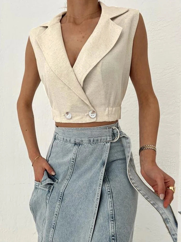 Linen Sleeveless V-neck Vest Crop