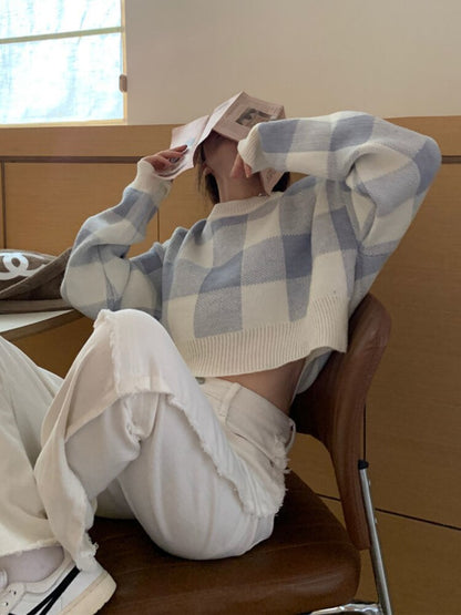 Panelled Plaid Loose New Simple Sweater