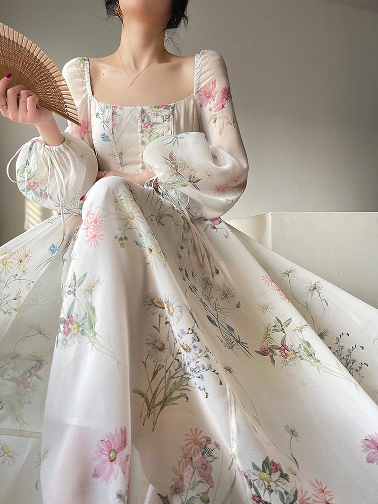 French Elegant Floral Midi Dress Chiffon Long Sleeve