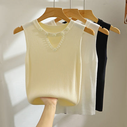 Sleeveless White Knit Tank Top