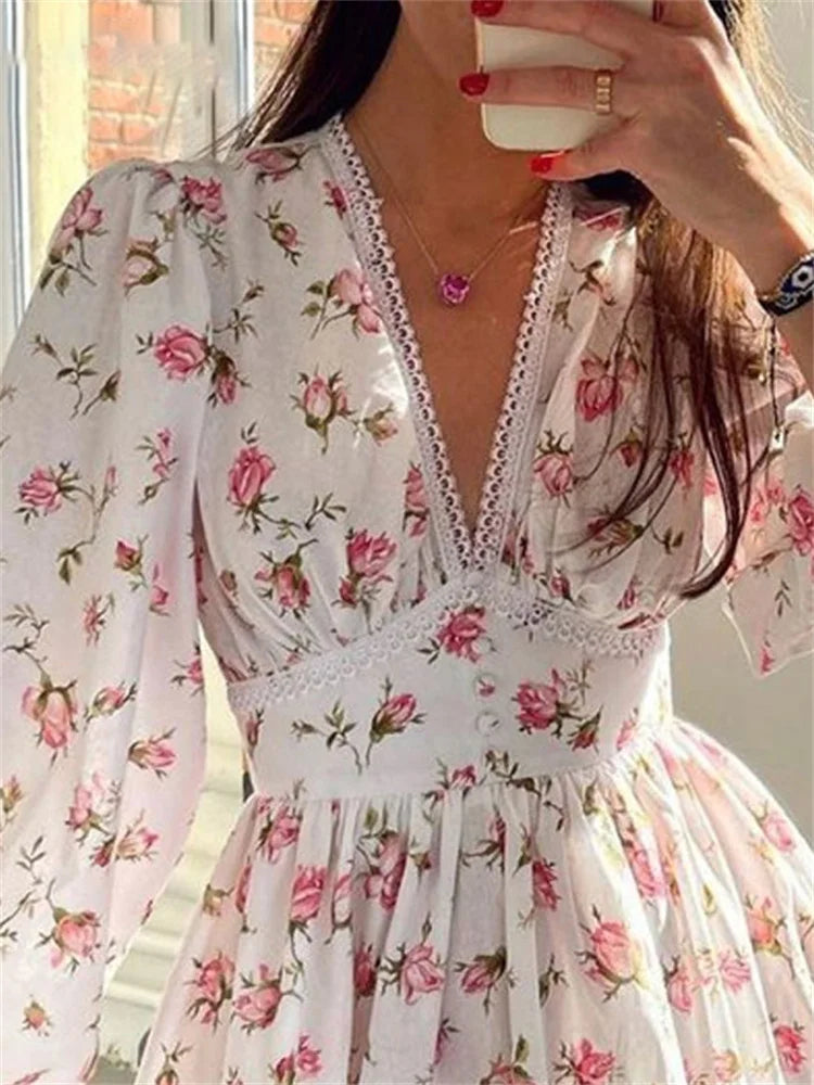 Lantern Sleeve Elegant Floral Print Mini Dress