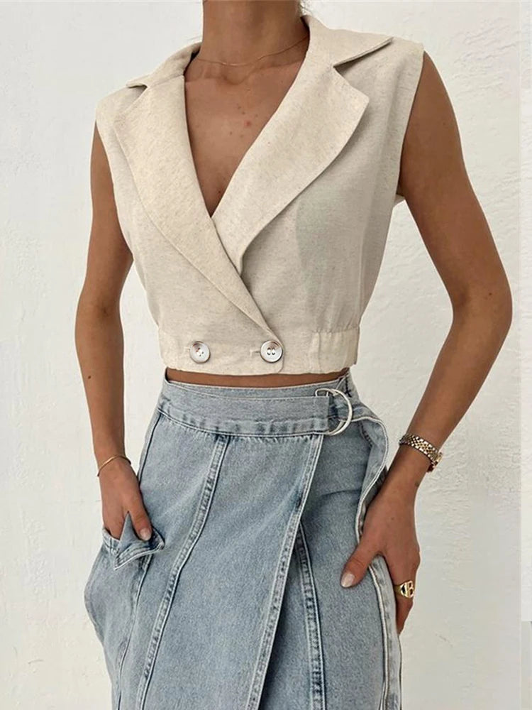 Linen Sleeveless V-neck Vest Crop