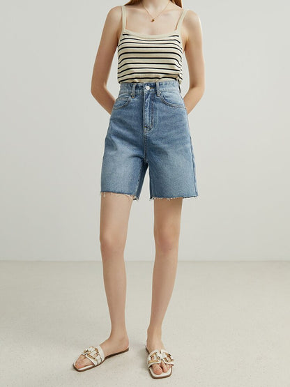 Classical Women Jeans Shorts High Waist Straight Wide Leg