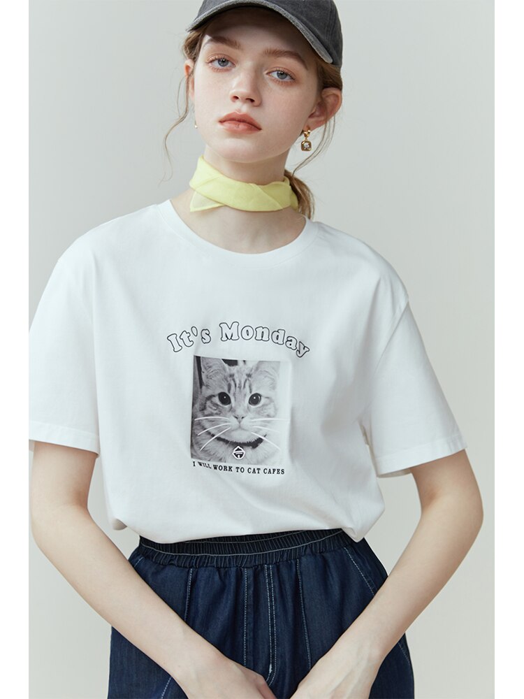 Cute Cat Print Design Simple Short-sleeved T-shirt