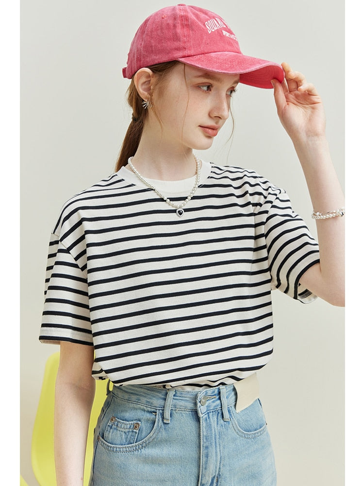 Women Loose Drop Sleeve Stripe T-Shirts