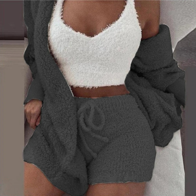 3 Pieces Fluffy Casual Pajamas Set