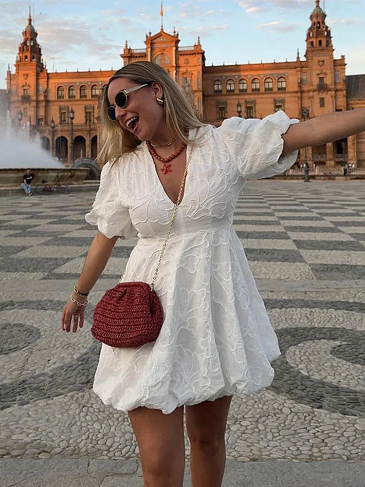 Chic Embroidered Puff Sleeves Dress