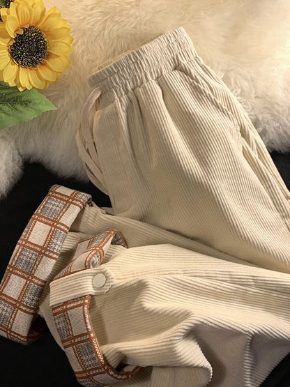 Plaid Hemming Women Corduroy Pants