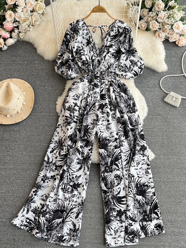 V-Neck Puff Sleeve Printed Romper