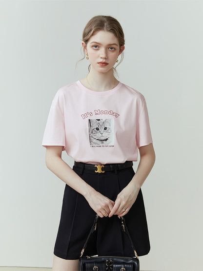 Cute Cat Print Design Simple Short-sleeved T-shirt