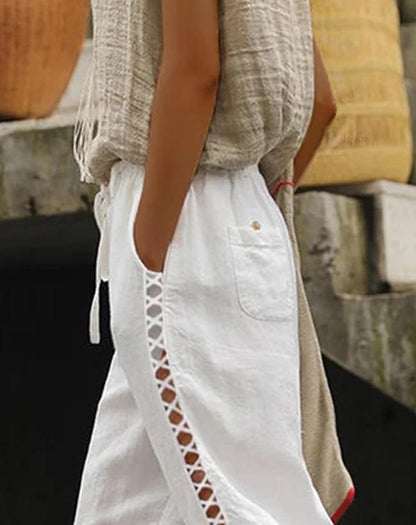 Hollow Out Lace Patch Pocket Design Casual  Vacation Pants