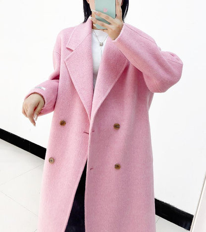 Double-breasted silk Rabbit Woolen Long Overcoat