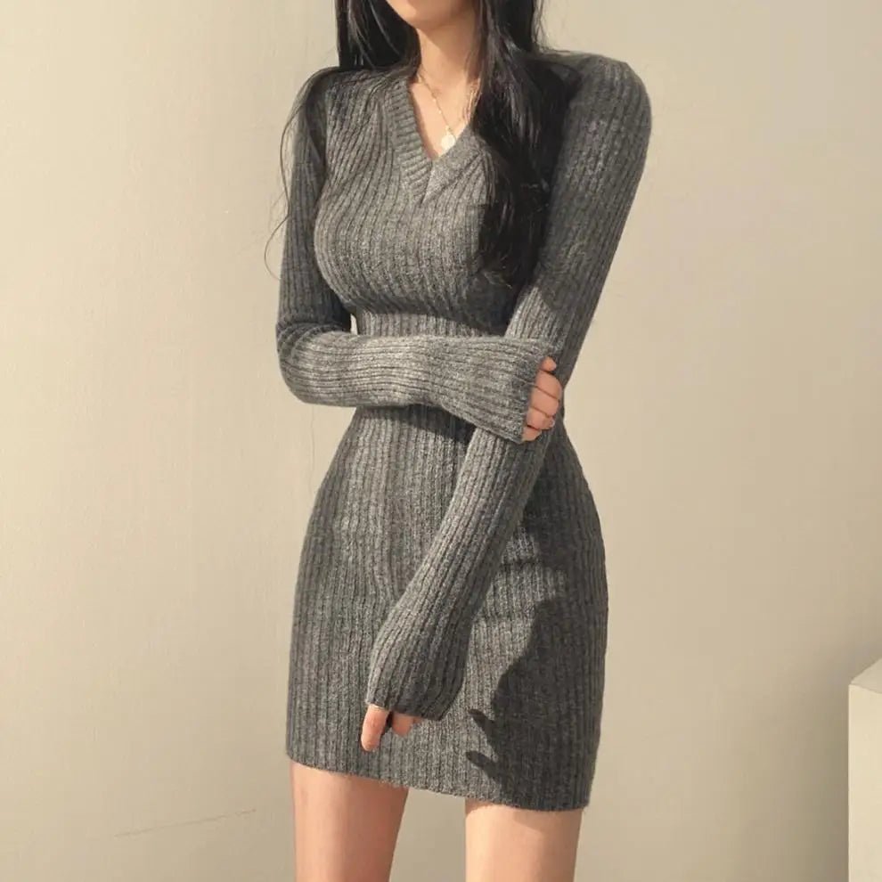 Retro Knitted Mini Solid Color V-Neck  Wrapped Dress