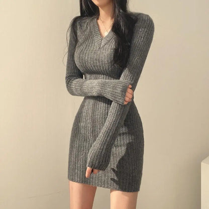 Retro Knitted Mini Solid Color V-Neck  Wrapped Dress