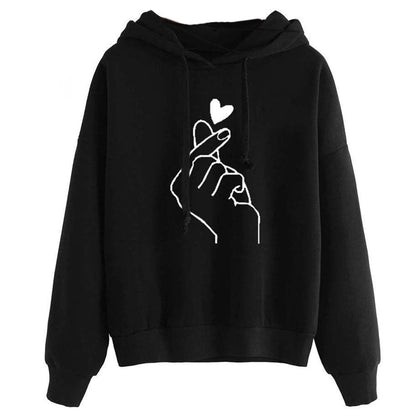 Finger Heart Print Drawstring Hooded Hoodie