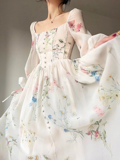 French Elegant Floral Midi Dress Chiffon Long Sleeve