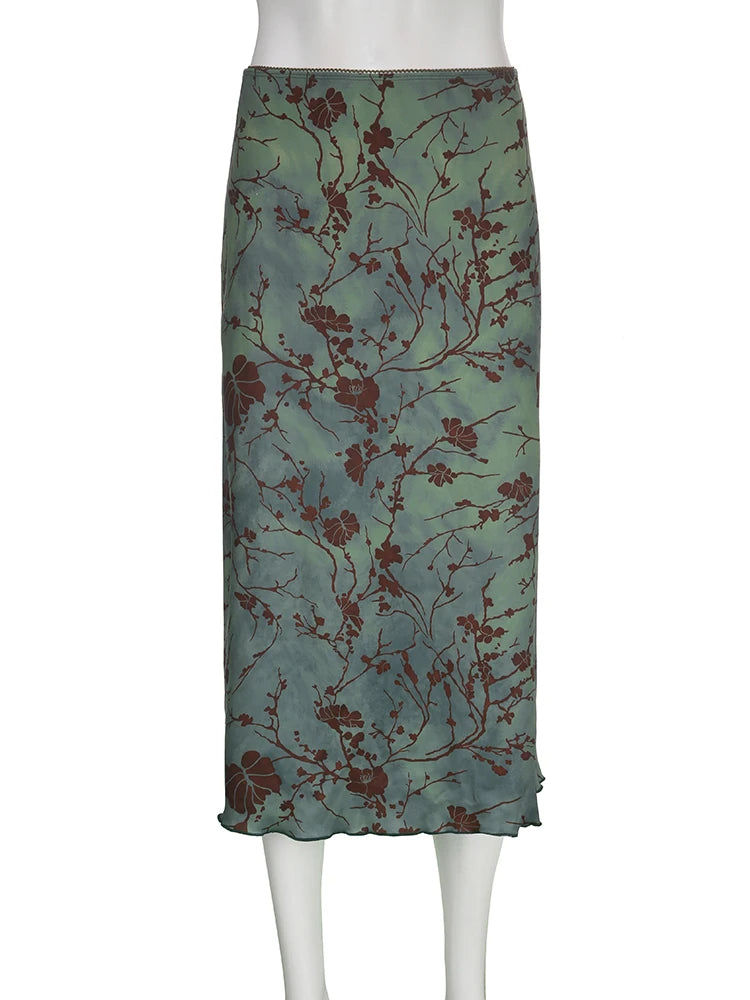 Vintage Long Skirt Green Floral Print Skirt