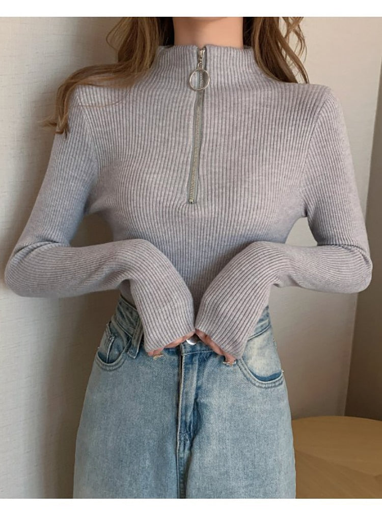 Knitted Zipper Turtleneck Sweater