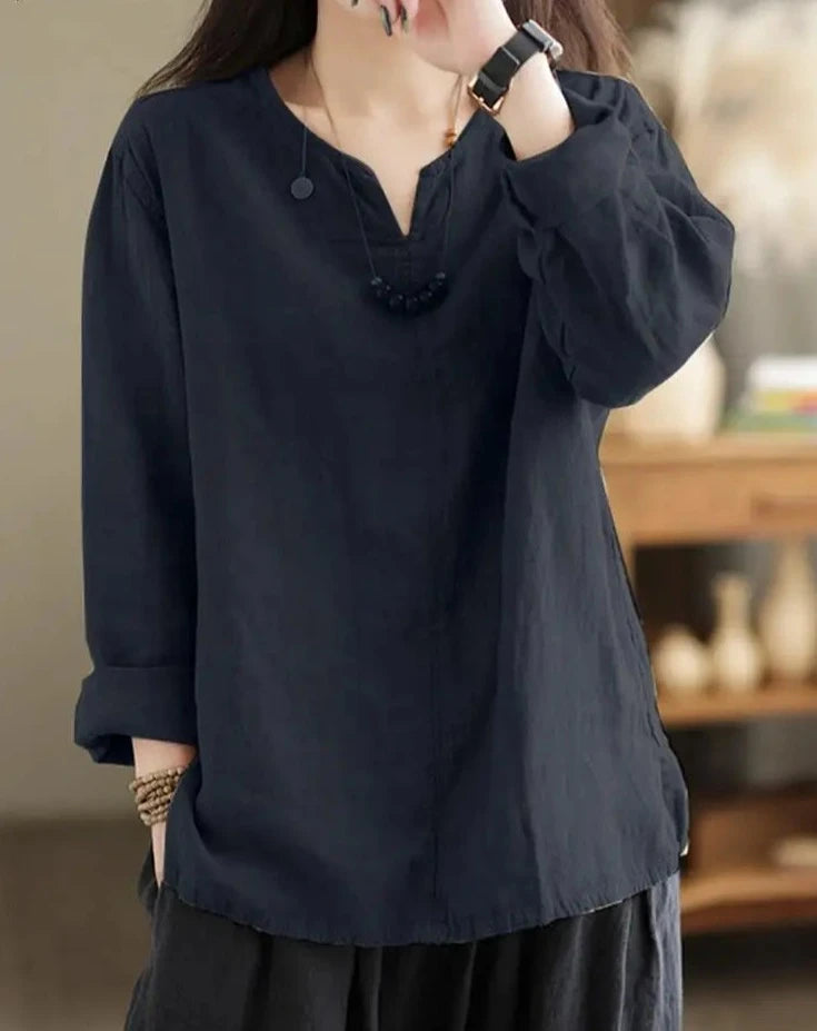 Cotton V Neck Long Sleeve Tops