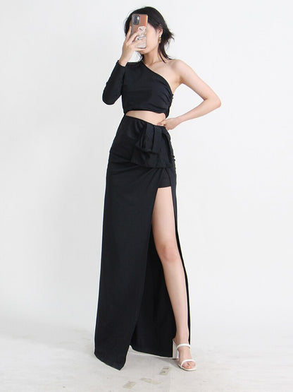 Diagonal Collar One Shoulder High Waist Minimalist Dress