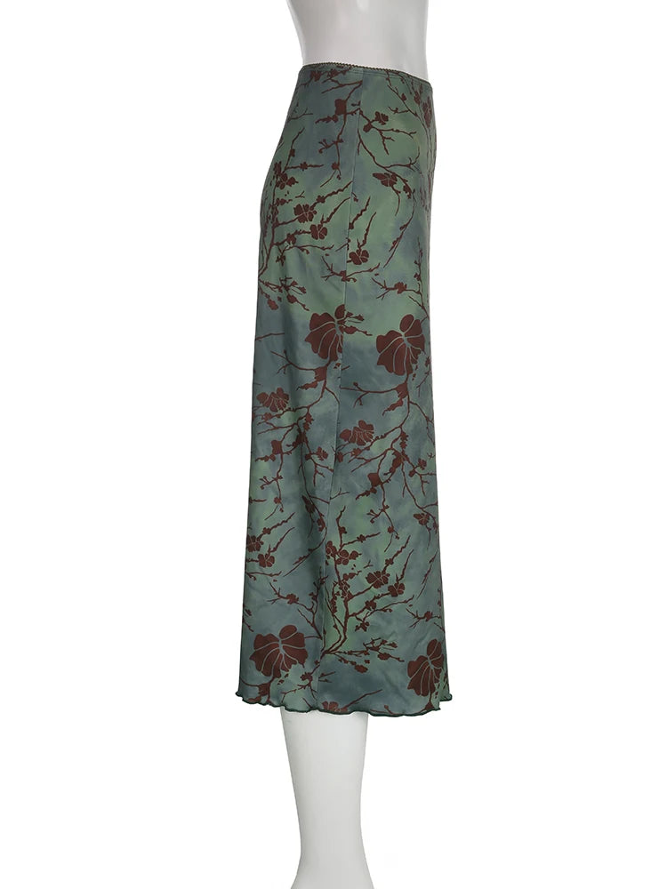 Vintage Long Skirt Green Floral Print Skirt