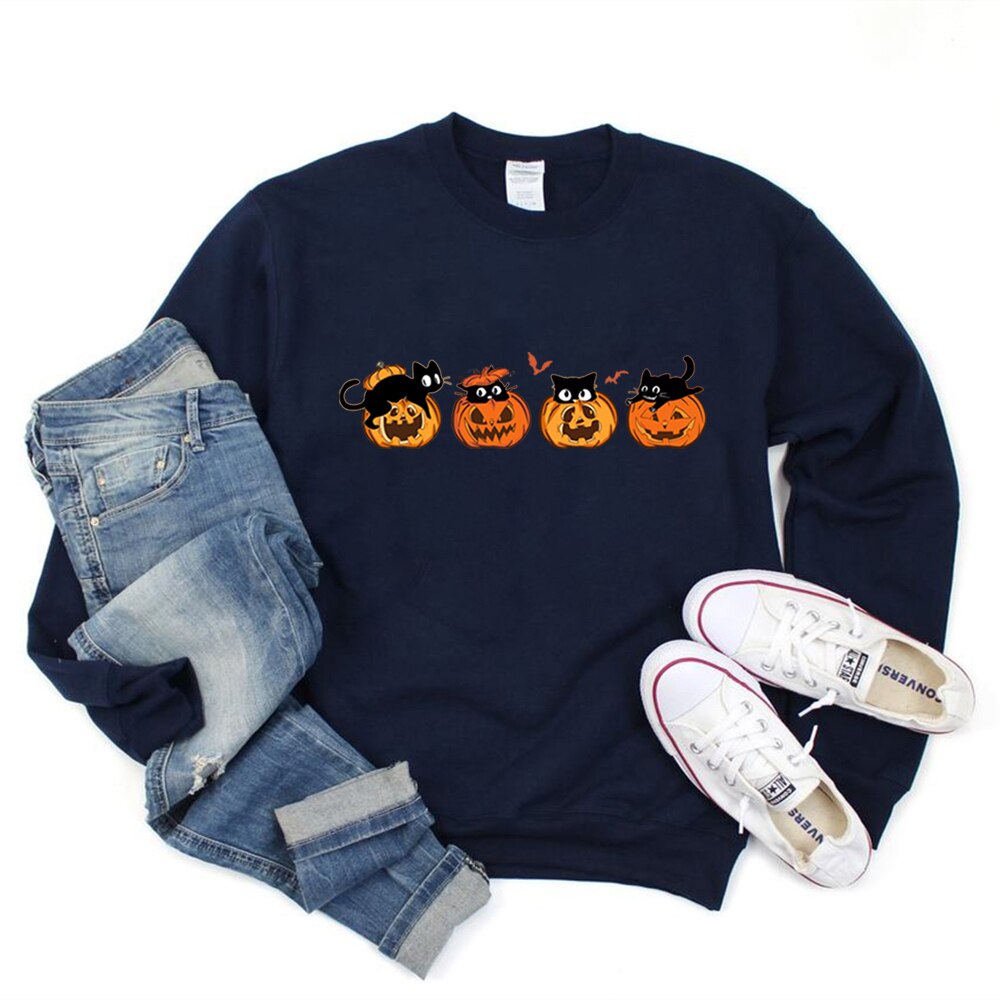 Black Cat and Pumpkin Graphic Sweathirts Cute Halloween Hoodiea