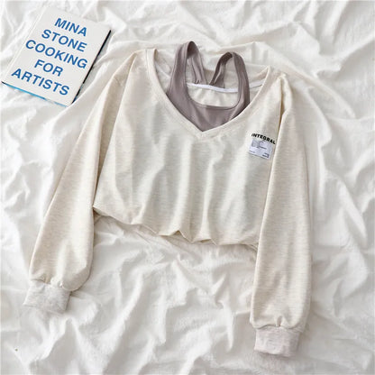 Fake Two Pieces Strapless Crop Sweatshirt