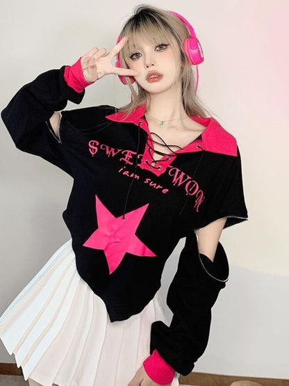 Estetik Yıldız Baskılı Düzensiz Uzun Kollu