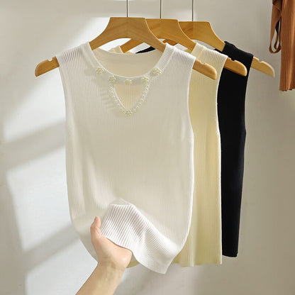 Sleeveless White Knit Tank Top