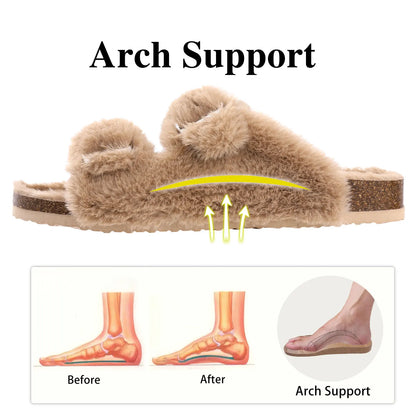 Cork Footbed Plush Slippers For Women