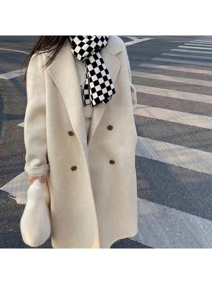 Double-breasted silk Rabbit Woolen Long Overcoat