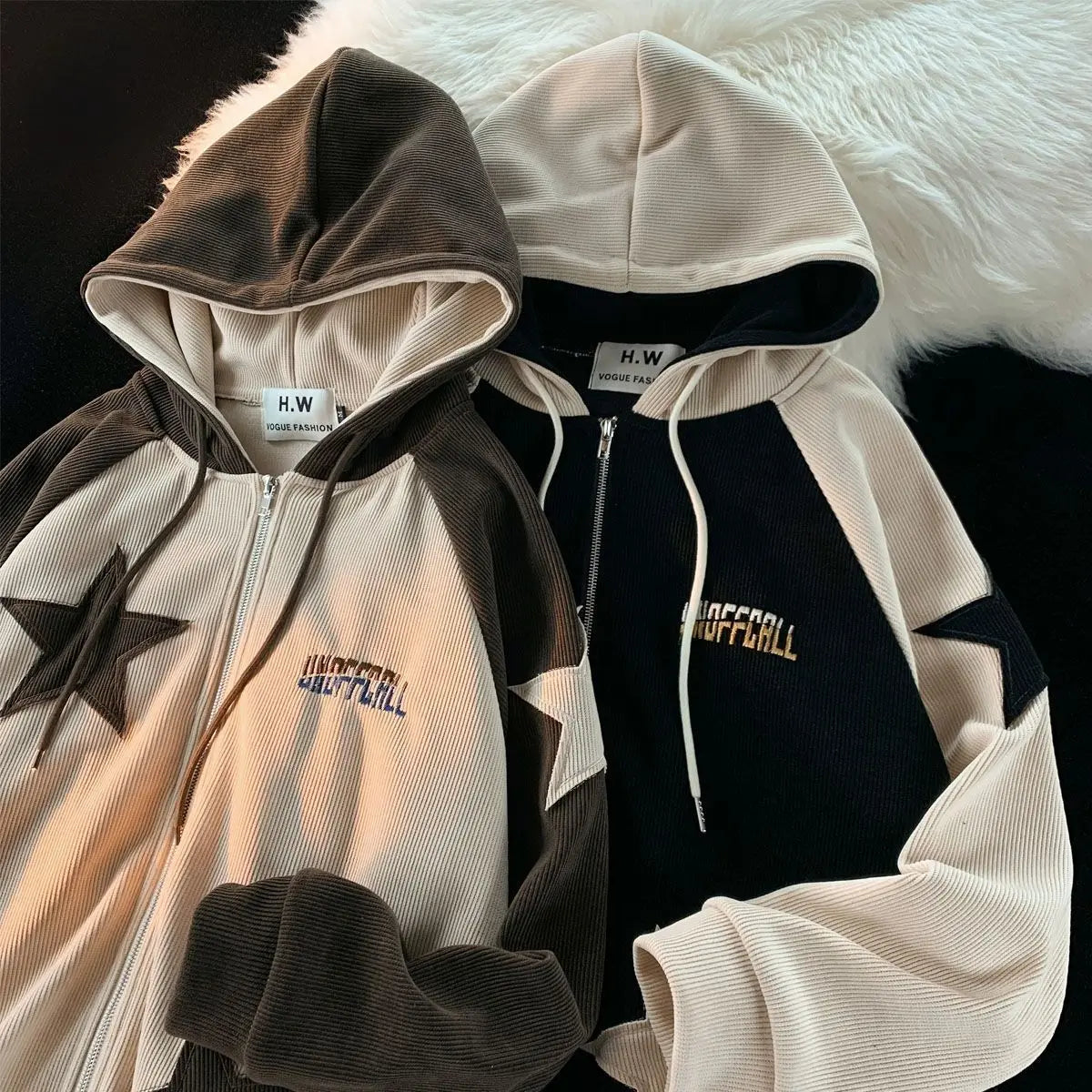 Retro Star Patch Zipper Hoodie