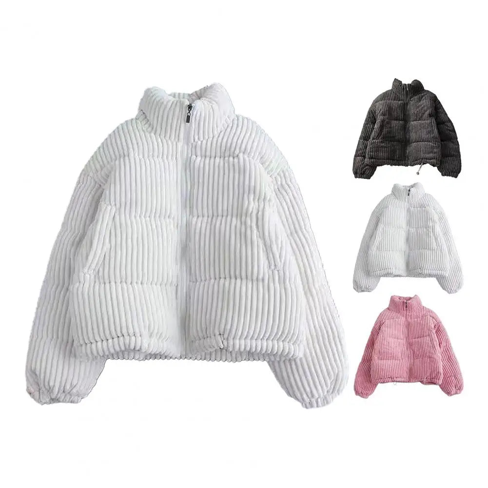 Neck Protection Striped Texture Loose Thick Jacket