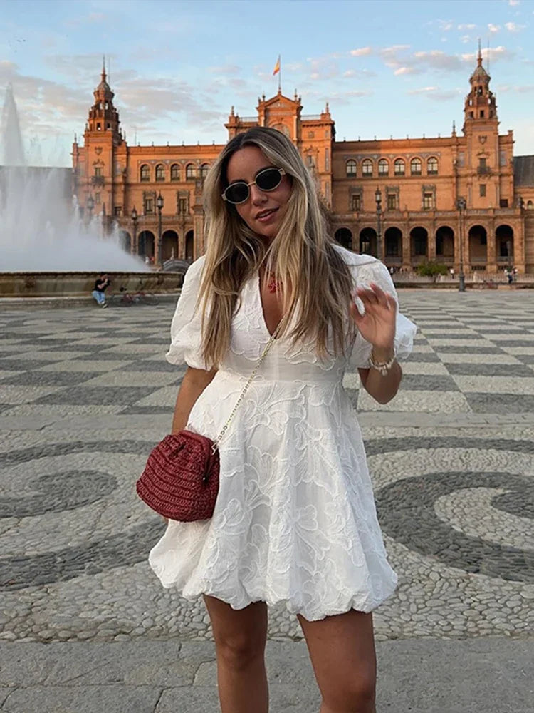 Chic Embroidered Puff Sleeves Dress