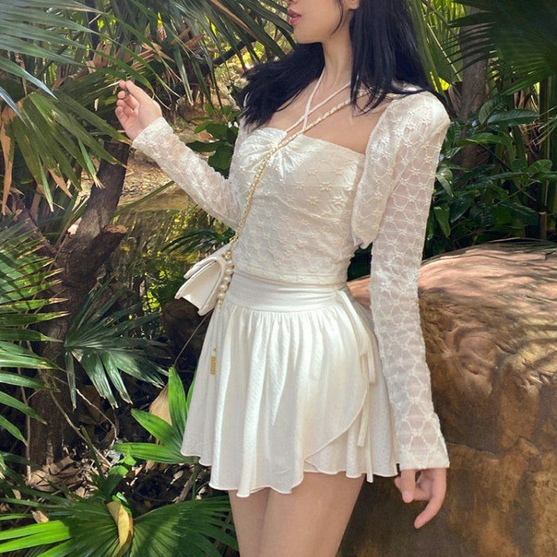 Sexy Cute White Drawstring Folds Mini Skirt