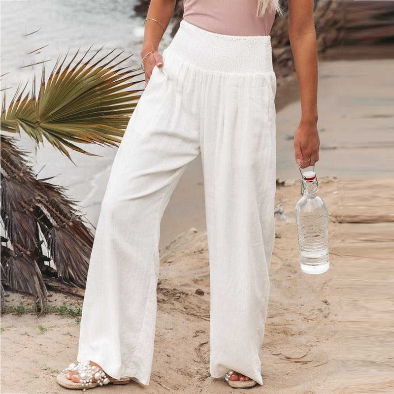 Women's Loose Cotton Linen Wide Leg Pants Ladies Spring Summer Pockets  Trousers/