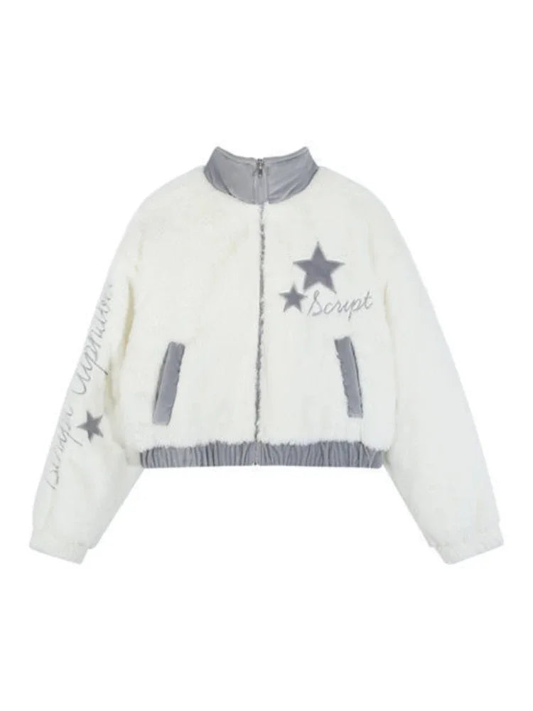 Star Embroidery Faux Fur Cropped Jackets