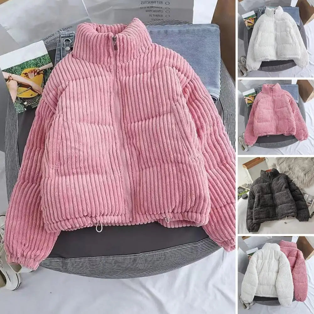 Neck Protection Striped Texture Loose Thick Jacket