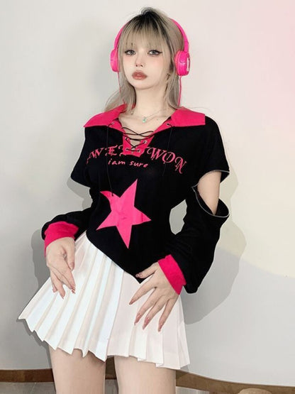 Estetik Yıldız Baskılı Düzensiz Uzun Kollu