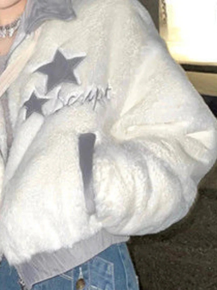 Star Embroidery Faux Fur Cropped Jackets