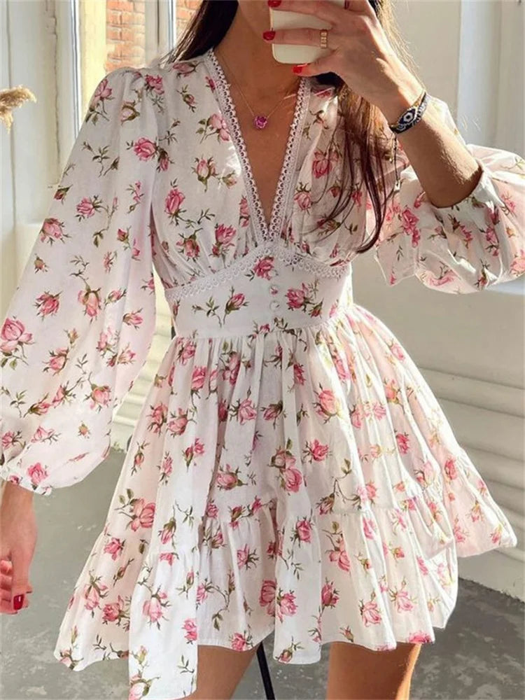 Lantern Sleeve Elegant Floral Print Mini Dress