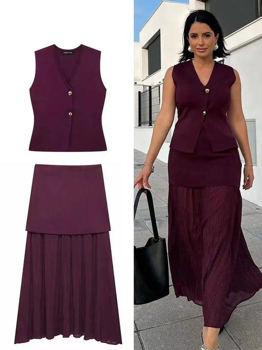 Women's Skirt Set: Wine Red Knitted V-Neck Sleeveless Slim-Fit Vest + Plain High-Waisted Long Skirt with Zipper and Patch Detail