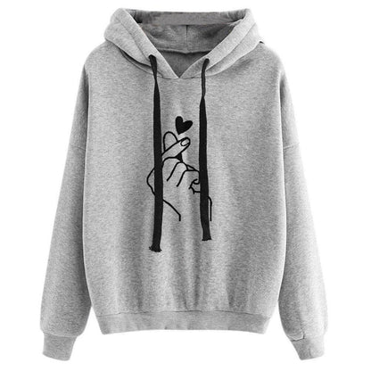 Finger Heart Print Drawstring Hooded Hoodie