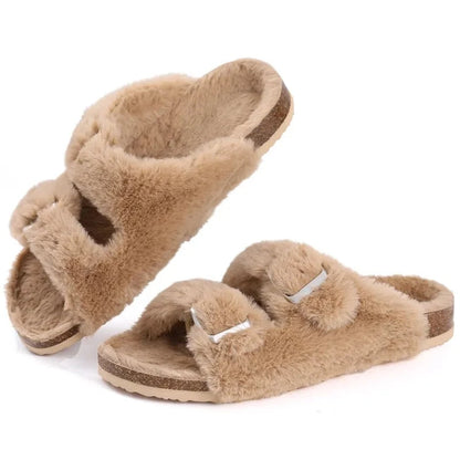 Cork Footbed Plush Slippers For Women