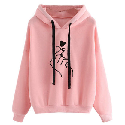 Finger Heart Print Drawstring Hooded Hoodie
